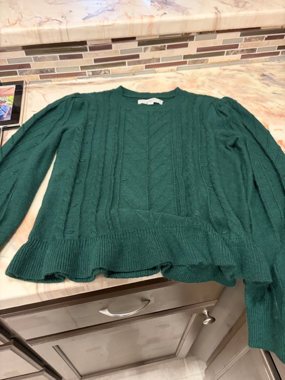 LOFT Deep Green Cable Knit Crewneck Sweater with Ruffle Hem